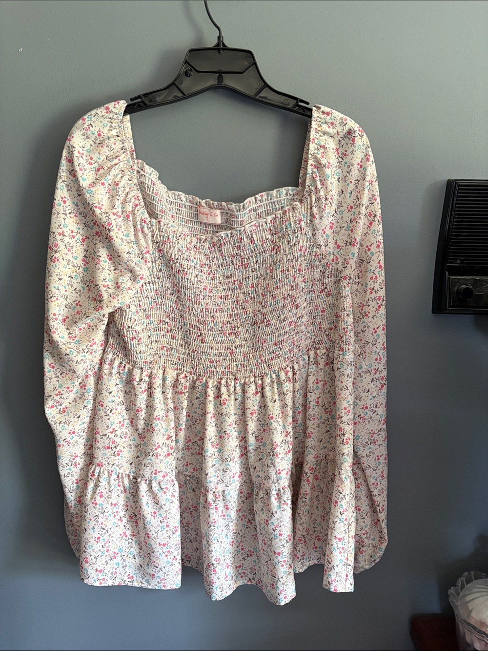 Off shoulder or on Floral Long-Sleeve Peasant Top - White with Pink/Green Print